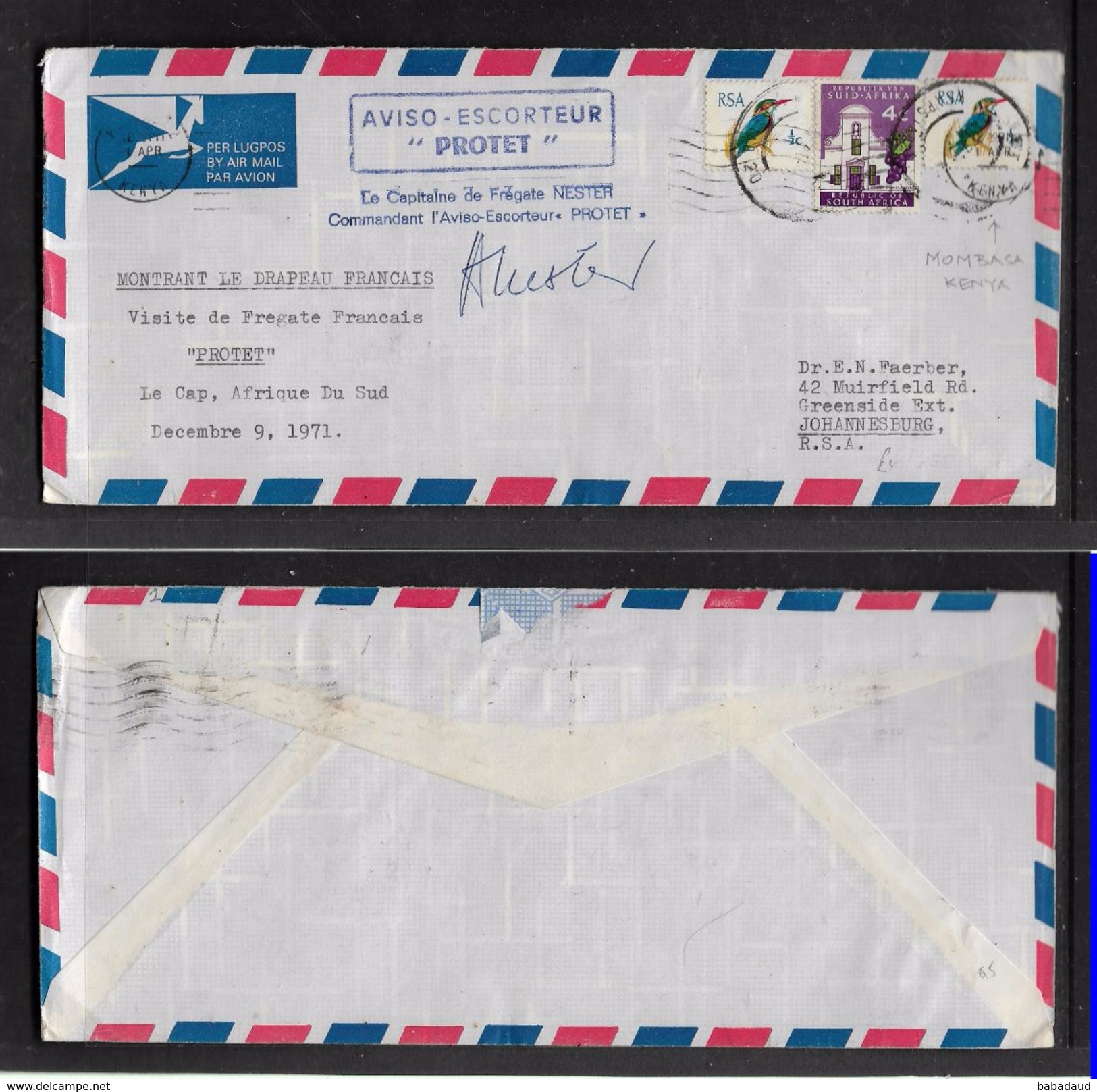 S.Africa; 1971  Private Cover -  Visit Of French Frigate "PROTET" > S.Africa, Posted CAPETOWN 13 XII 71 - Lettres & Documents