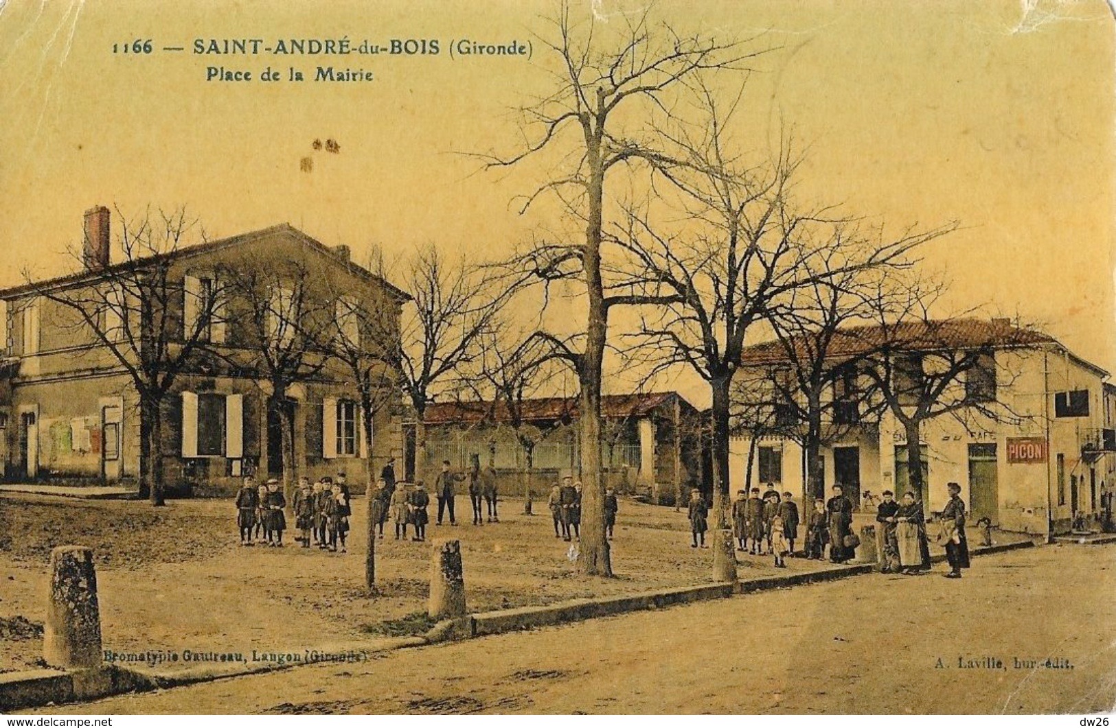 St Saint André-du-Bois (Gironde) - Place De La Mairie - Bromotypie Gautreau - Carte Colorisée, Vernie N° 1166 - Altri & Non Classificati