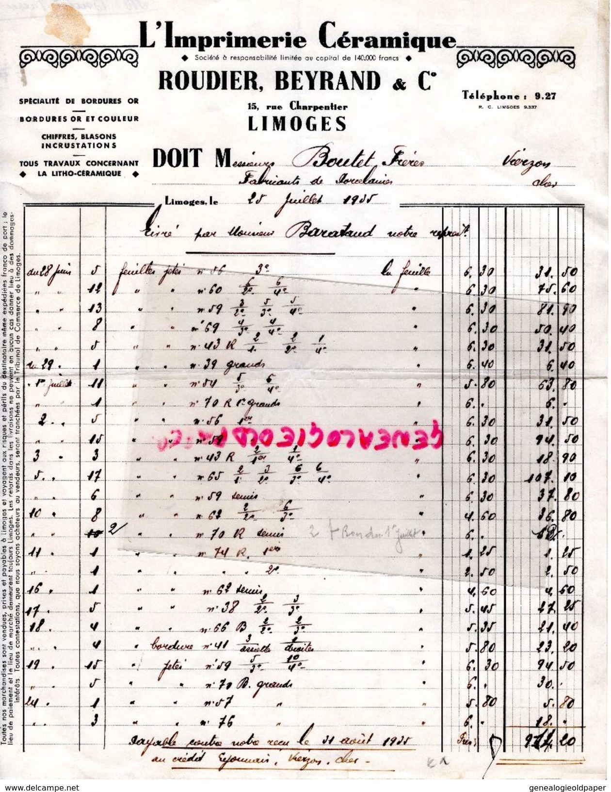 87 -LIMOGES- FACTURE L' IMPRIMERIE CERAMIQUE - ROUDIER BEYRAND 15 RUE CHARPENTIER -1935 - Drukkerij & Papieren