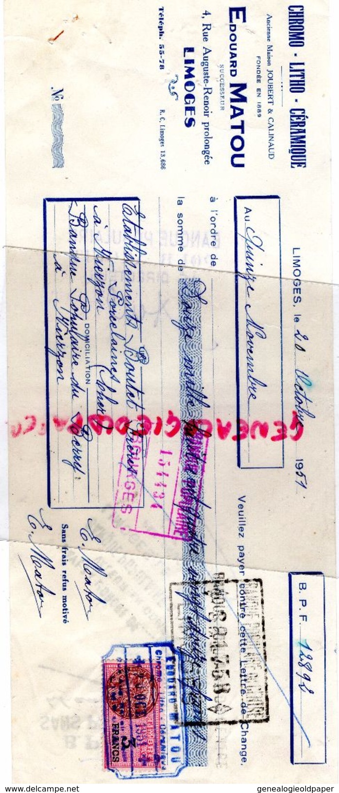 87- LIMOGES- TRAITE EDOUARD MATOU- CHROMO LITHO CERAMIQUE- JOUBERT CALINAUD- 4 RUE AUGUSTE RENOIR PROLONGEE- 1951 - Druck & Papierwaren
