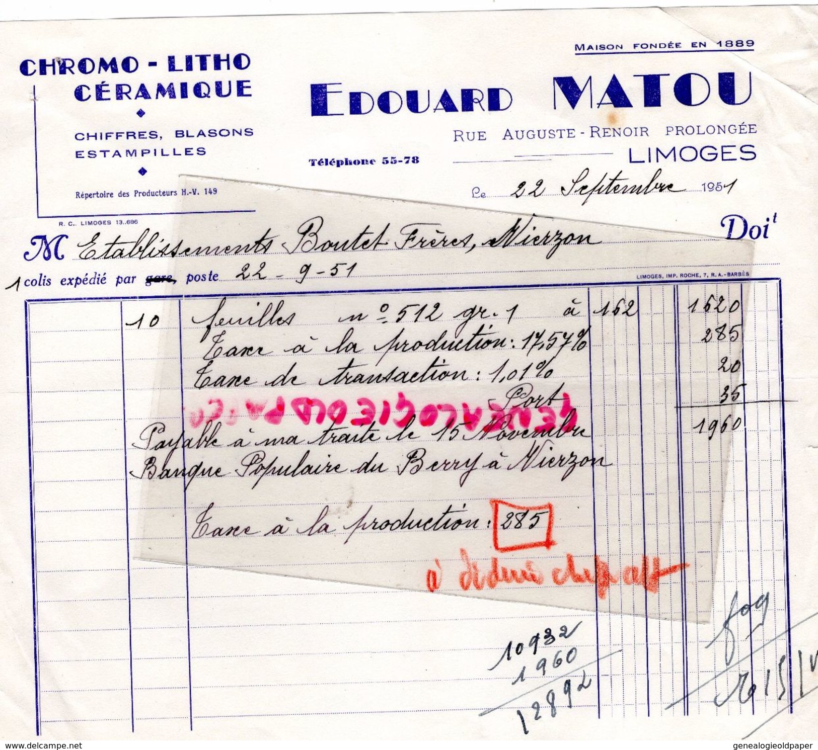 87- LIMOGES- FACTURE EDOUARD MATOU- CHROMO LITHO CERAMIQUE- JOUBERT CALINAUD- 4 RUE AUGUSTE RENOIR PROLONGEE- 1951 - Druck & Papierwaren