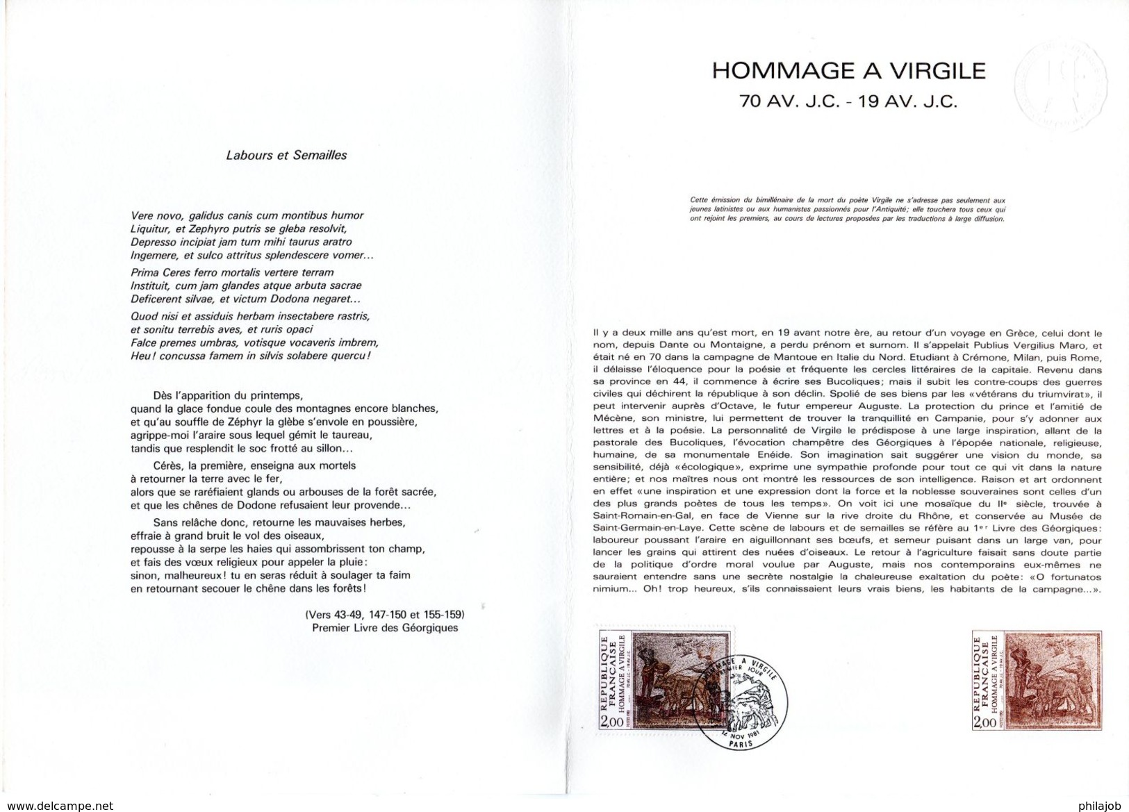 Document Philatélique Officiel De 4 Pages De 1981 N° YT 2174 " HOMMAGE A VIRGILE " En Parfait état ! - Documenten Van De Post