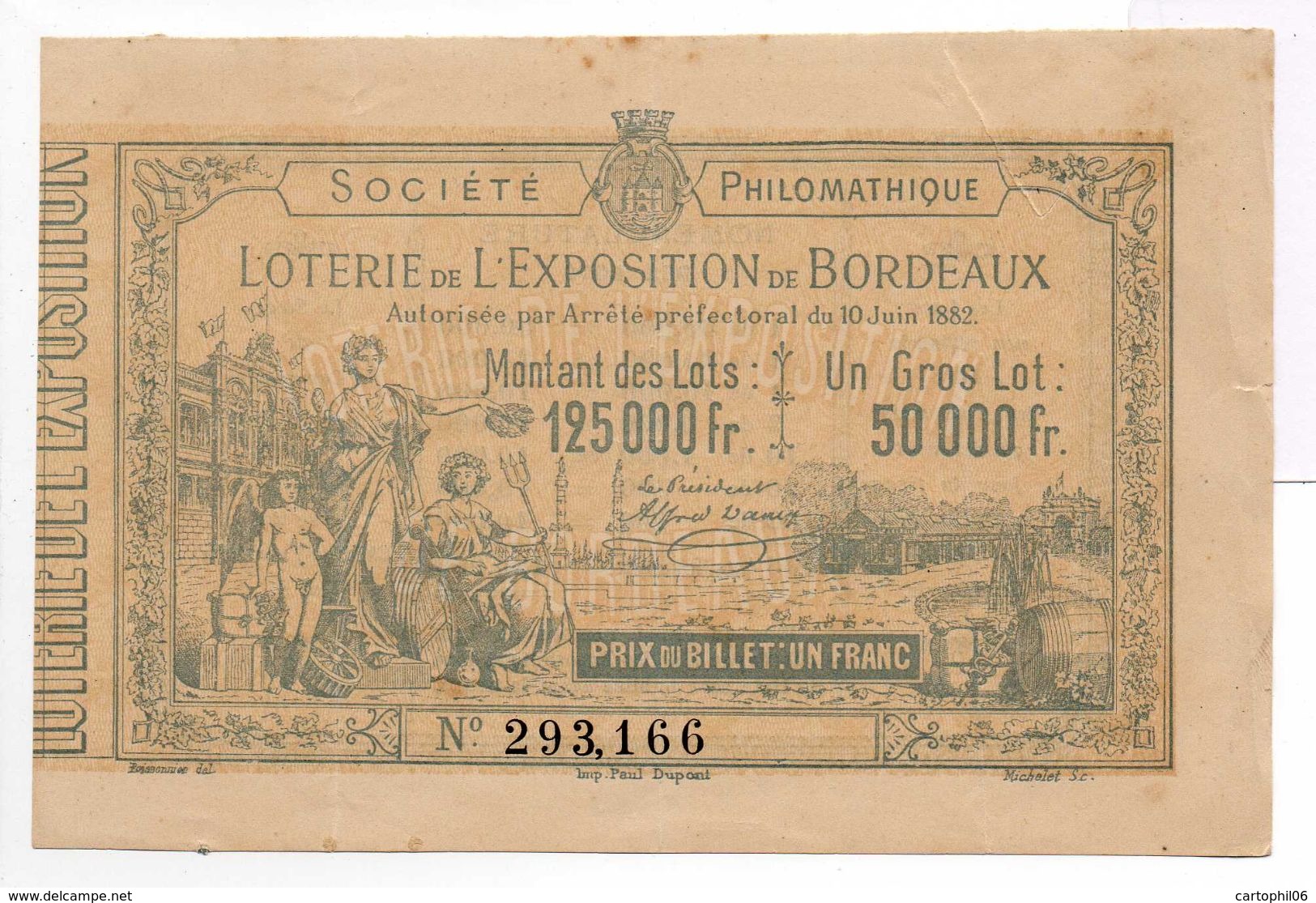 - FRANCE - BILLET De LOTERIE EXPOSITION De BORDEAUX - Billet De 1 Franc - Gros Lot 50 000 Fr - SOCIETE PHILOMATHIQUE - - Billets De Loterie