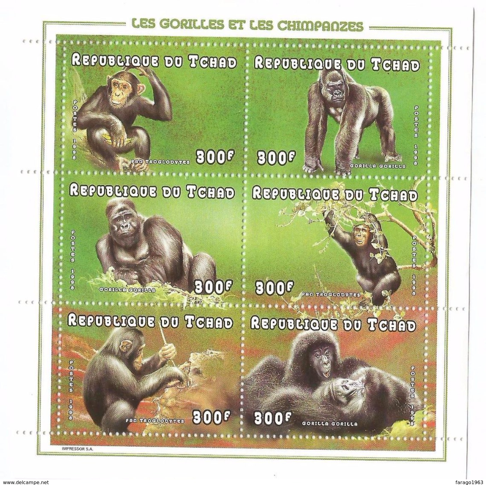 1998 Tchad Chad Gorillas Chimpanzees  Miniature Sheet MNH  CHEAPER THAN BUYING WHOLE SET - Gorilas