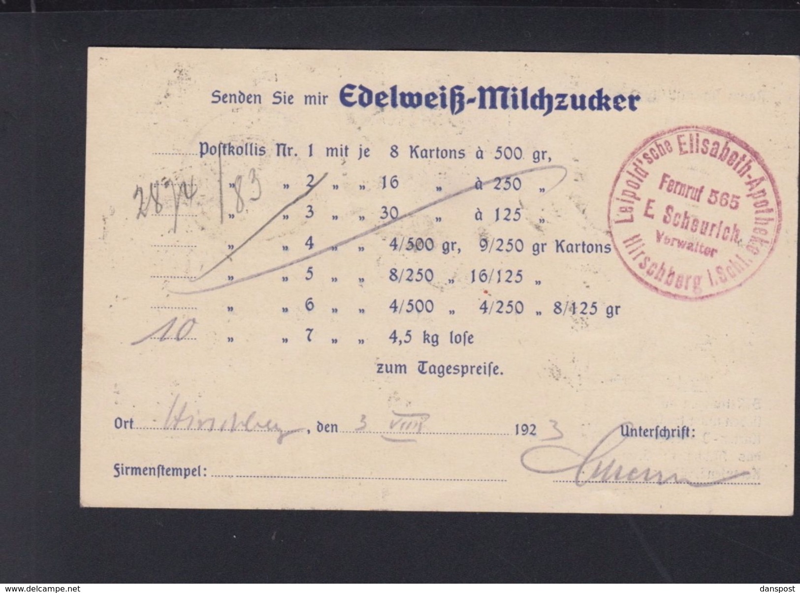 Dt. Reich Bestellkarte Edelweiss-Milchzucker 1923 Hirschberg Schlesien Nach Kempten - Covers & Documents