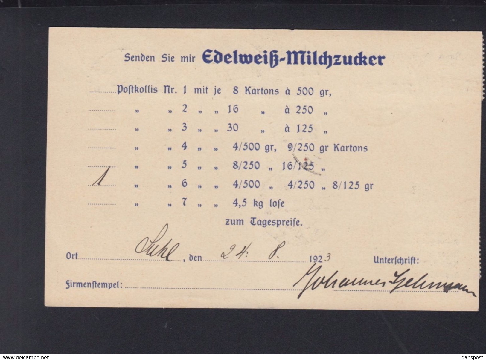 Dt. Reich Bestellkarte Edelweiss-Milchzucker 1923 Suhl Nach Kempten - Briefe U. Dokumente