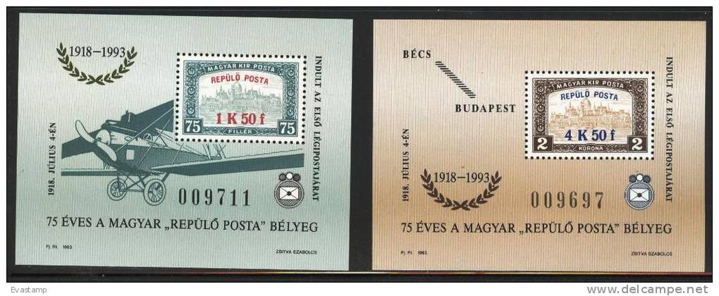 HUNGARY-1993.Commemorativ E Sheet  Pair -  75th Anniversary Of The Hungarian Airmail Stamp MNH! - Herdenkingsblaadjes