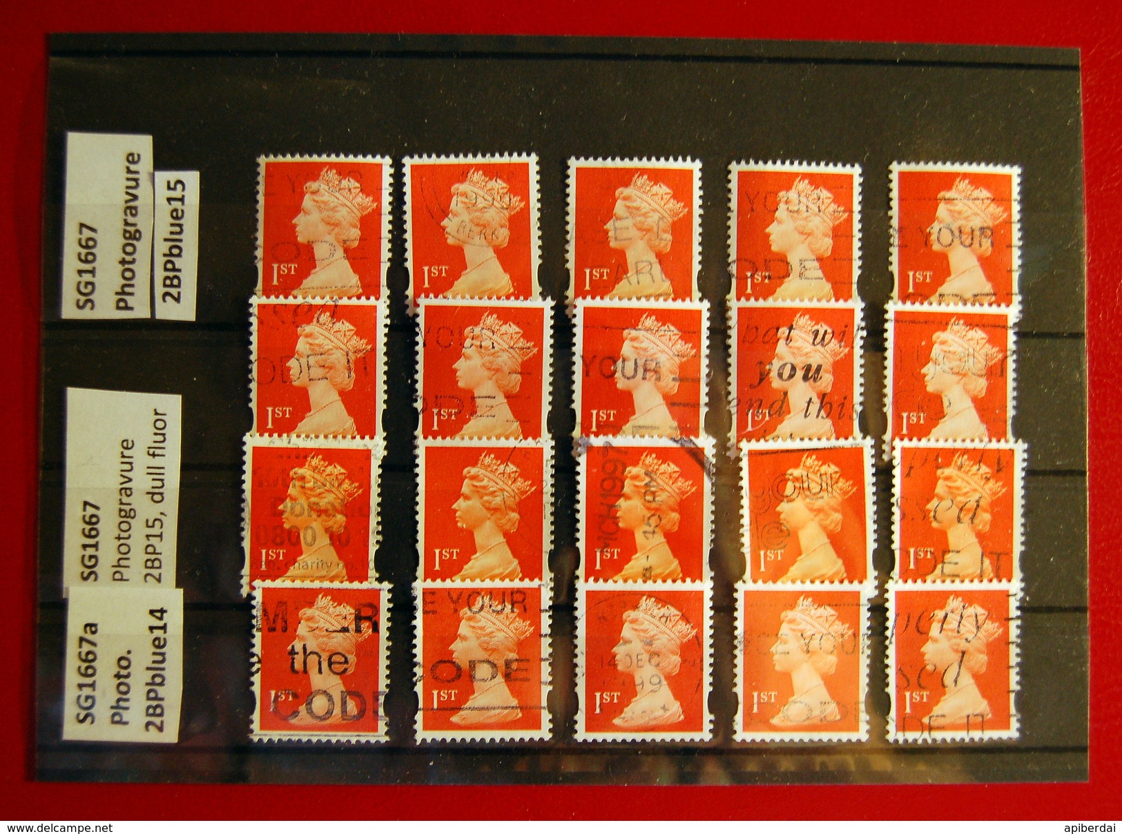 Great Britain - Machin NVI 1ST SG1667 Differents Printing  - 20 Stamps Used - Machins