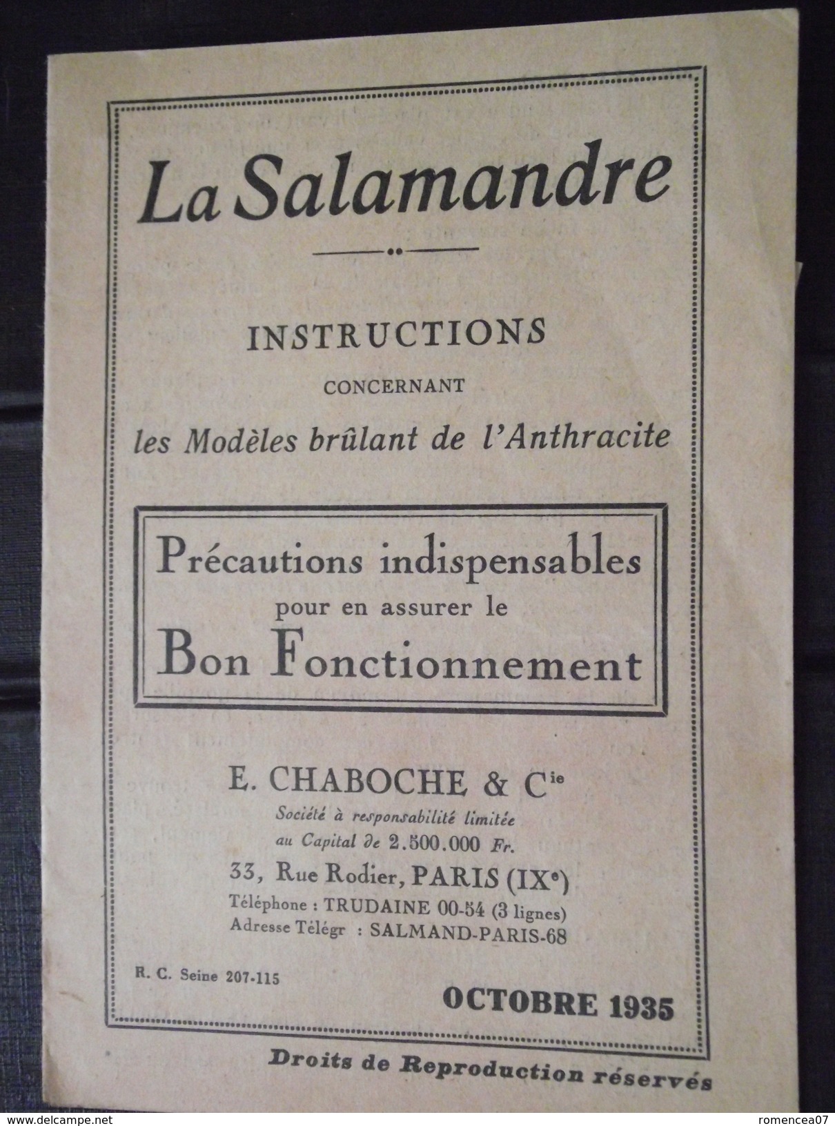 POËLE " La SALAMANDRE " - INSTRUCTIONS Pour Les MODELES BRÛLANTS - Ets CHABOCHE, à Paris IXe - Octobre 1935 - A Voir ! - Do-it-yourself / Technical