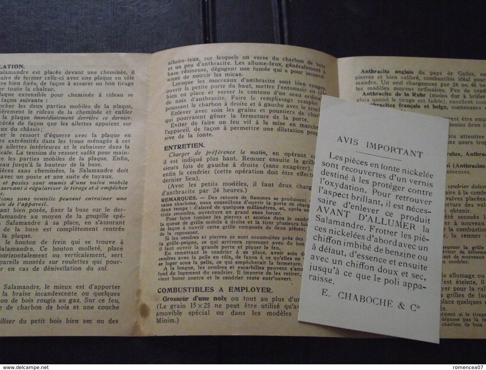 POËLE " La SALAMANDRE " - INSTRUCTIONS Pour Les MODELES BRÛLANTS - Ets CHABOCHE, à Paris IXe - Octobre 1935 - A Voir ! - Do-it-yourself / Technical