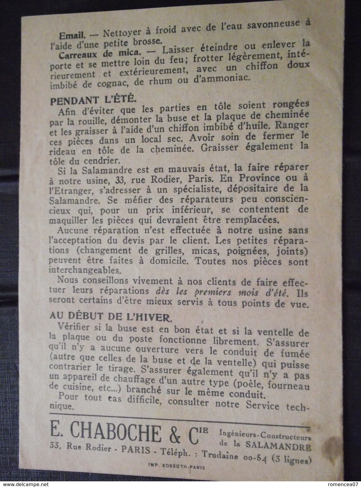 POËLE " La SALAMANDRE " - INSTRUCTIONS Pour Les MODELES BRÛLANTS - Ets CHABOCHE, à Paris IXe - Octobre 1935 - A Voir ! - Do-it-yourself / Technical