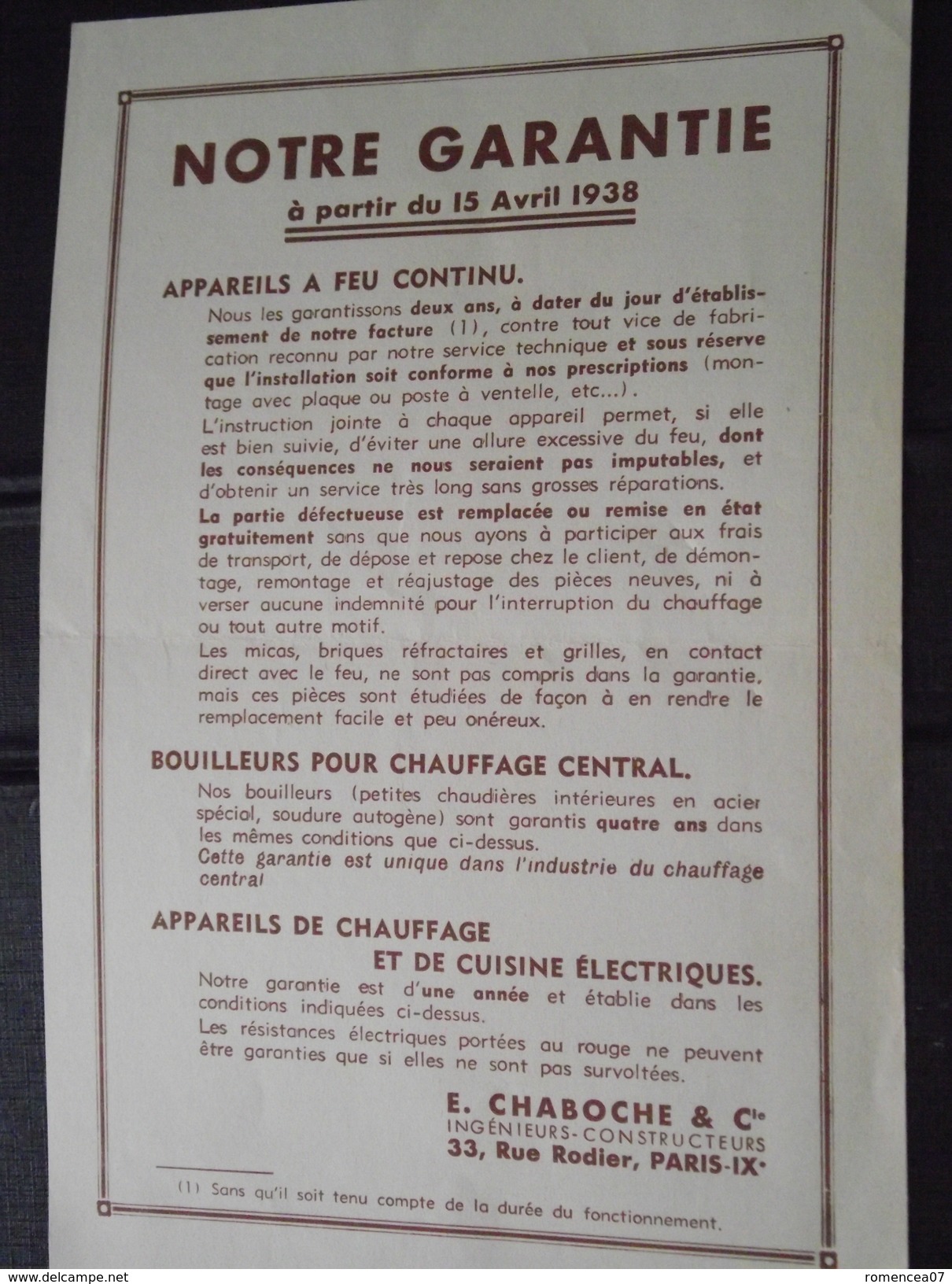 APPAREILS De CHAUFFAGE - GARANTIE Pour Les MODELES - Ets CHABOCHE, à Paris IXe - 15 Avril 1938 - A Voir ! - Do-it-yourself / Technical