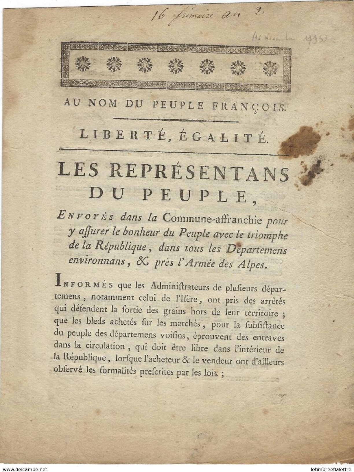 ⭐Bulletin De Lois De L'armée Du Jura 1793 ⭐ - Non Classés