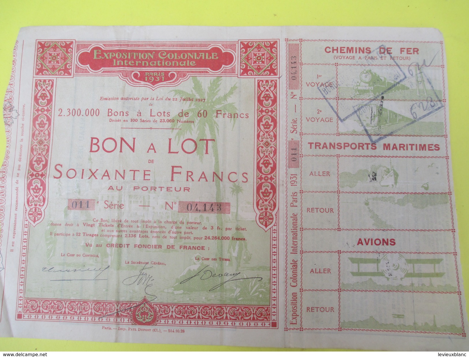 Bon à Lot / 60 Francs Au Porteur/ Exposition Coloniale  Internationale /PARIS/Transports/ 1931   ACT119 - Verkehr & Transport