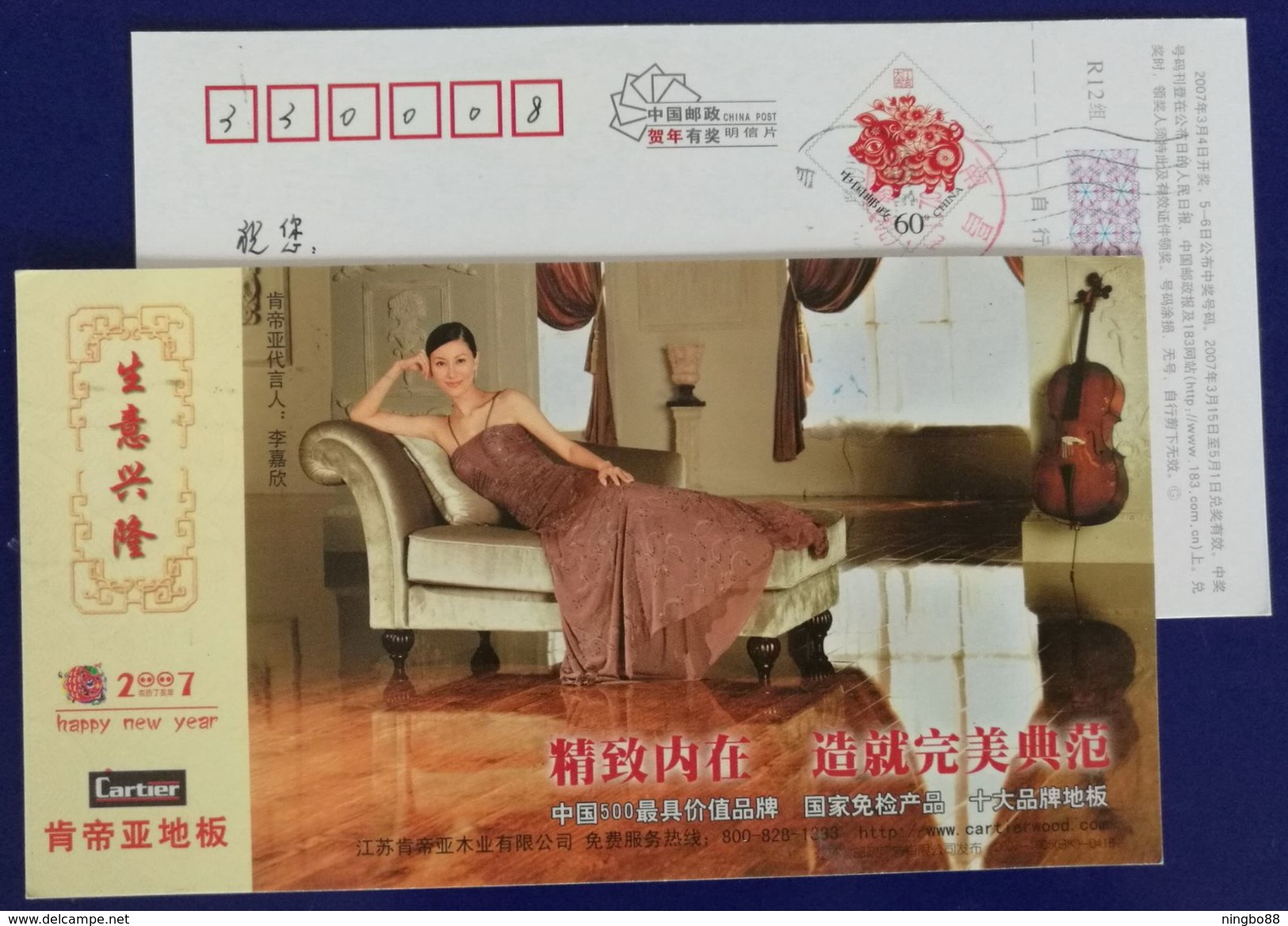 Musical Instrument Cello,China 2007 State Inspection Exemption Product Cartier Wooden Floor Advert Pre-stamped Card - Music