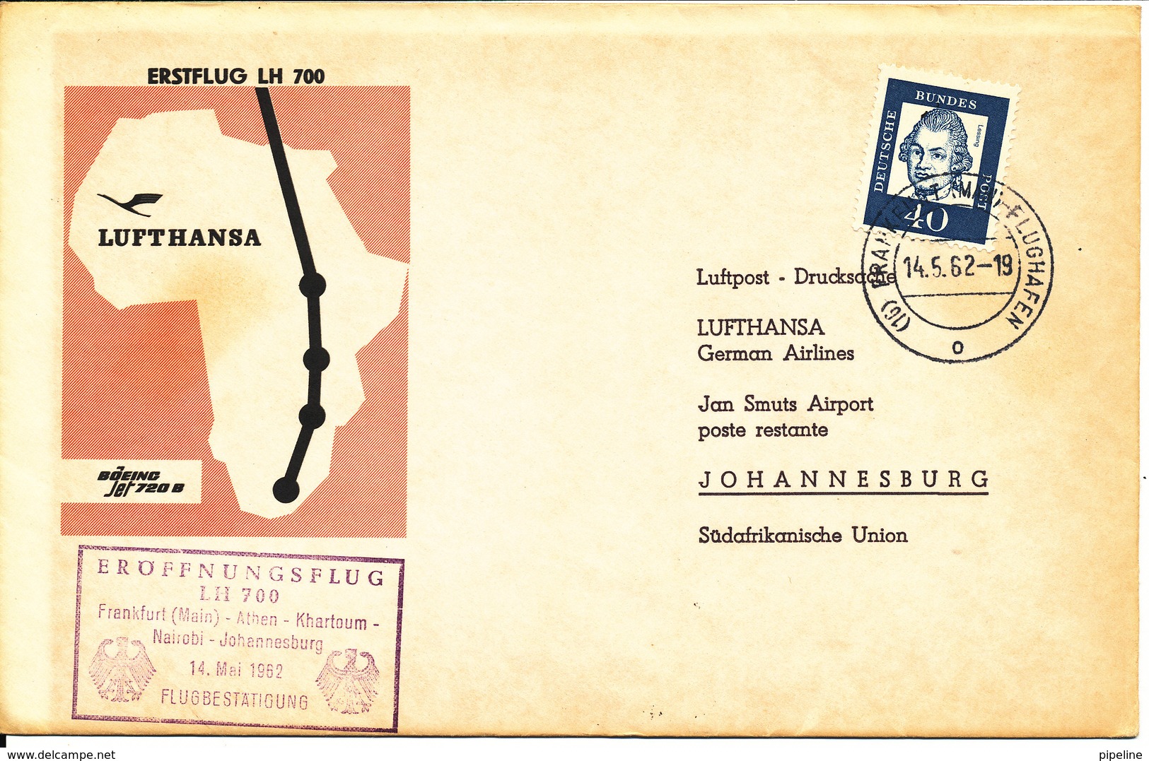 Germany First Lufthansa Flight Frankfurt - Athen - Khartoum - Nairobi - Johannesburg 14-5-1962 - Brieven En Documenten