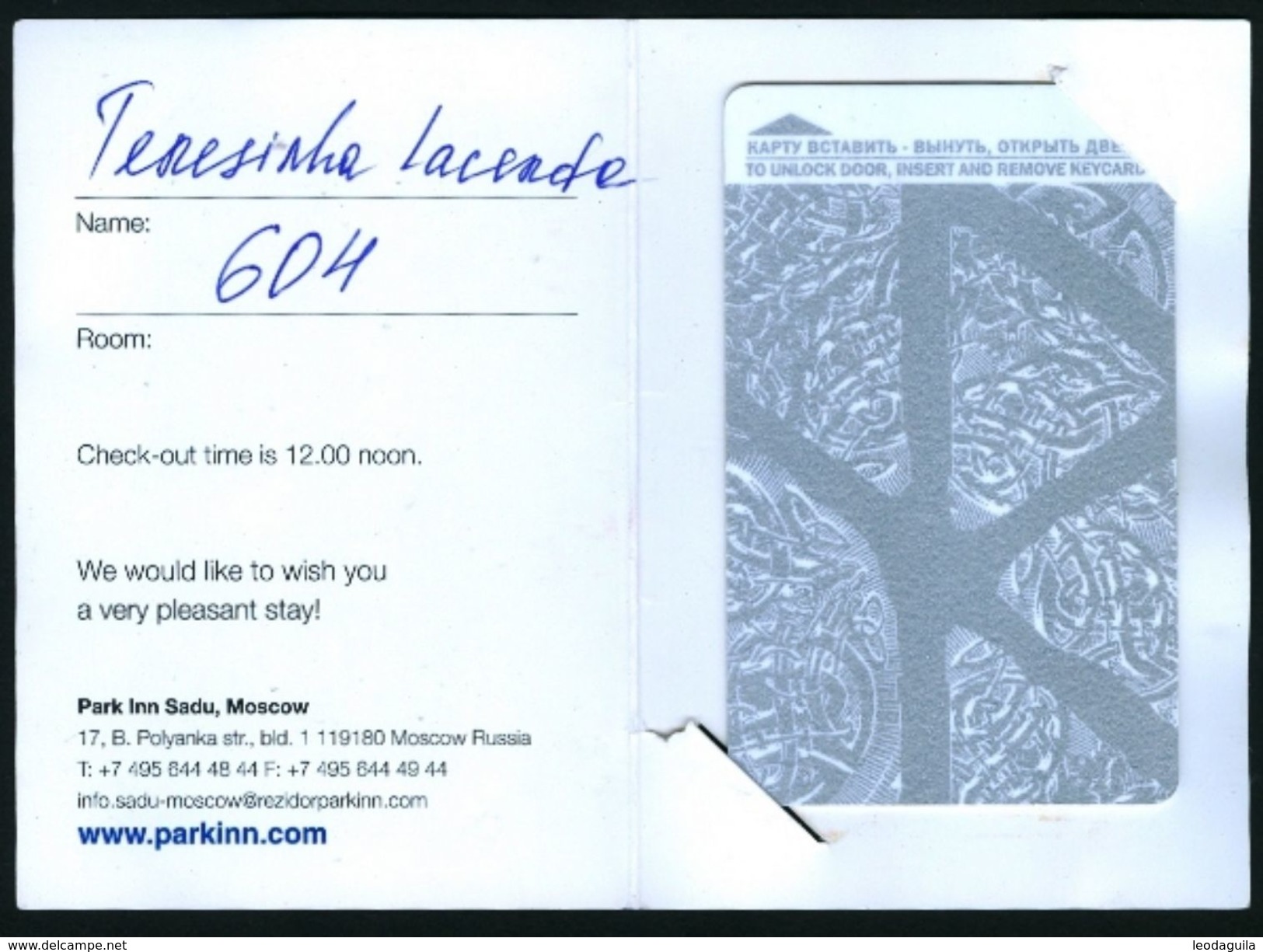 ROOM KEY CARD  - PARK INN  -  MOSCOW - Cartas De Hotels