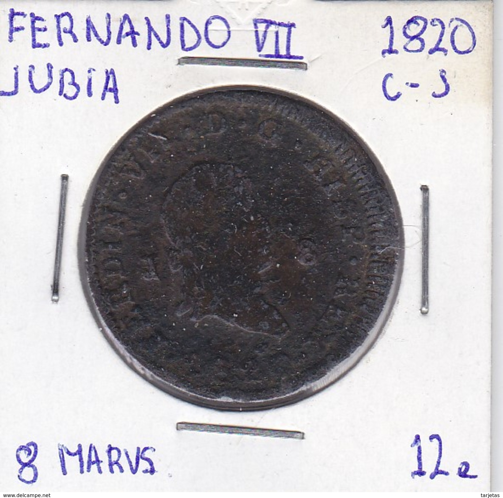 MONEDA DE ESPAÑA DE FERNANDO VII DEL AÑO 1820 DE 8 MARAVEDIS (COIN) JUBIA - Otros & Sin Clasificación