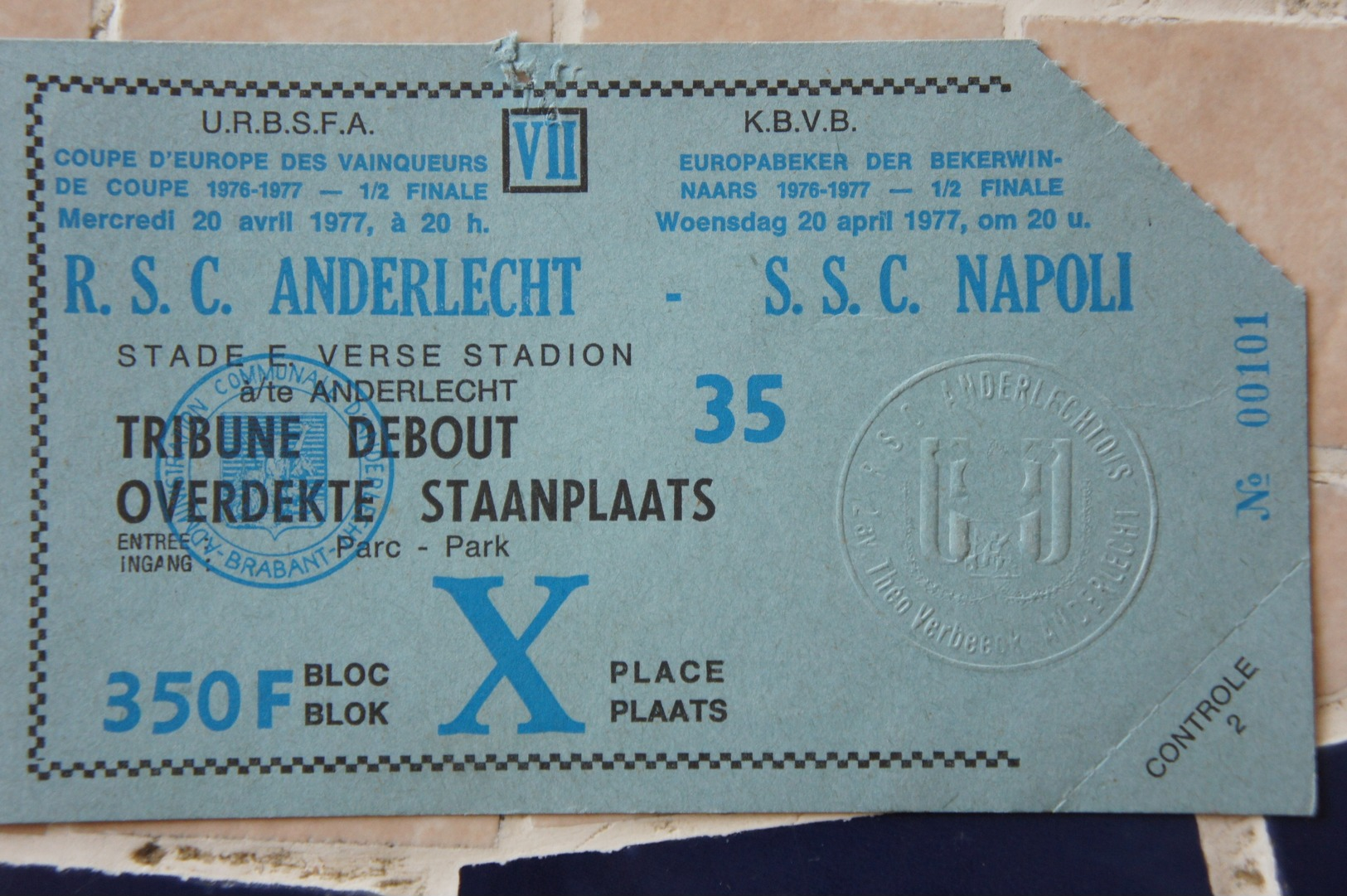 Ticket RSCA Anderlecht - SCS NAPOLI 1977 Coupe D'Europe Des Vainqueurs De Coupe - Tickets D'entrée