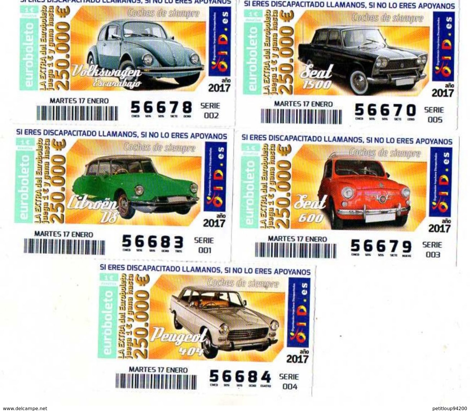 5 BILLETS DE LOTERIE Espagne VOITURES CARS * Seat 1500 * Seat 600 * Peugeot 404 * Citroen DS * Volkswagen Escarabajo - Billets De Loterie