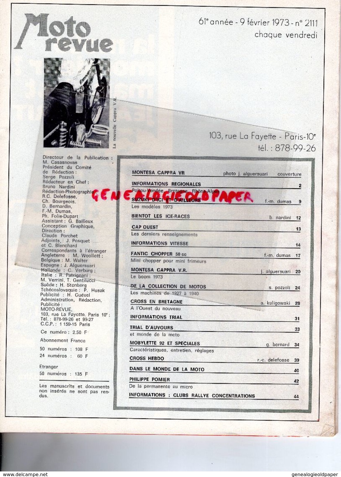 MOTO REVUE - REVUE 9-02-1973- N° 2111-CHOPPER SUZUKI- VESPA PARIS 60 RUE BRANCION- MONTESA CAPPRA-AUVOURS-GRENOBLE- - Motorrad