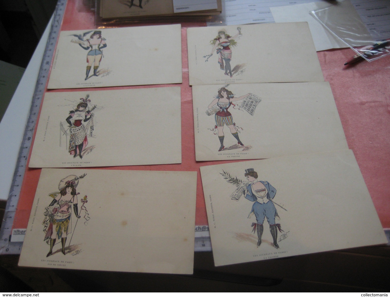 13 Cartes postales chromos litho PUB, avant c1900 gazet krant Zeitung newspaper, editeur WOLF - illustrateur CABANT