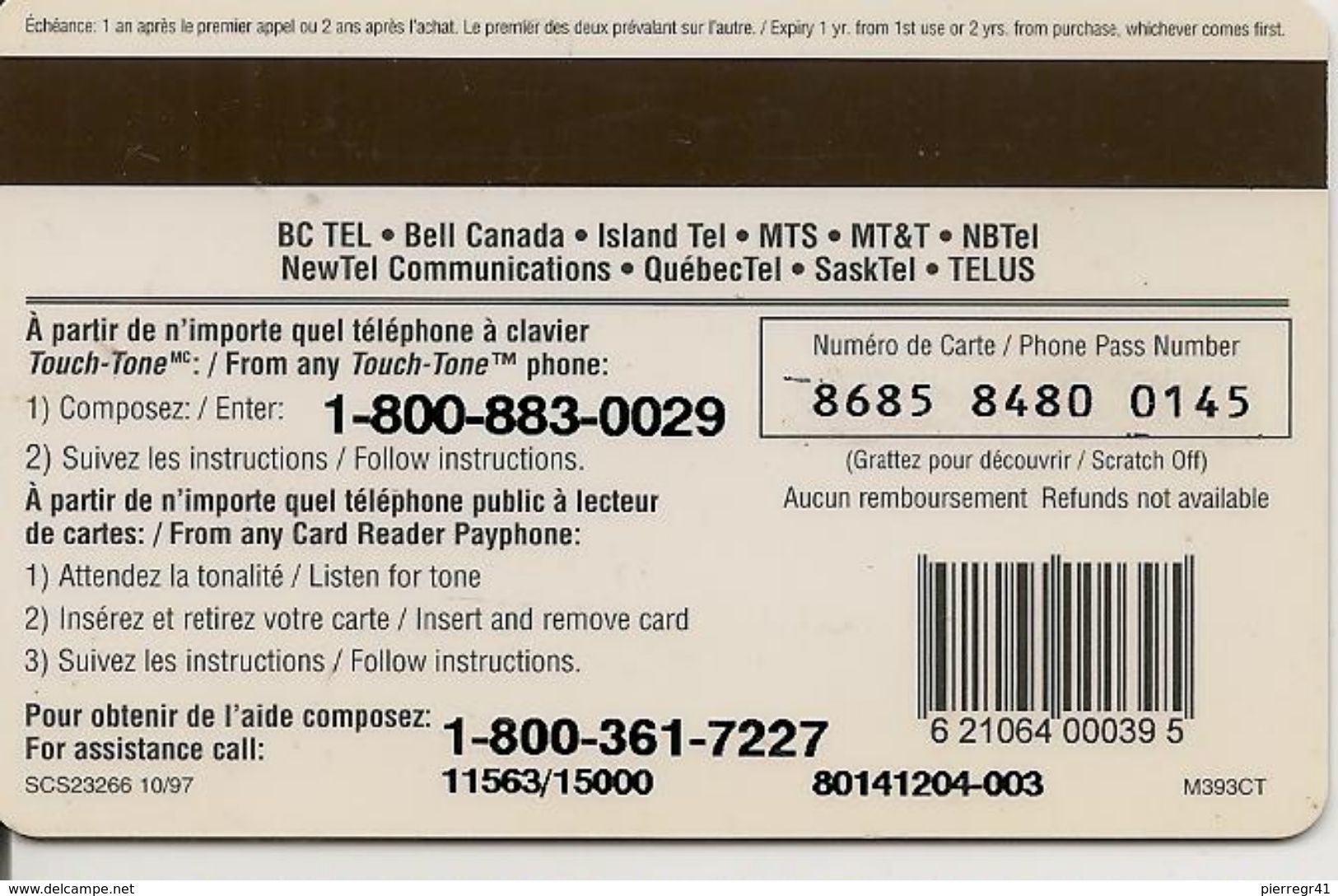 CARTE-PREPAYEE-MAGNETIQUE-10/97-CANADA-BELL-10$-MONTREAL -CASINO- GRATTE-TBE- - Canada