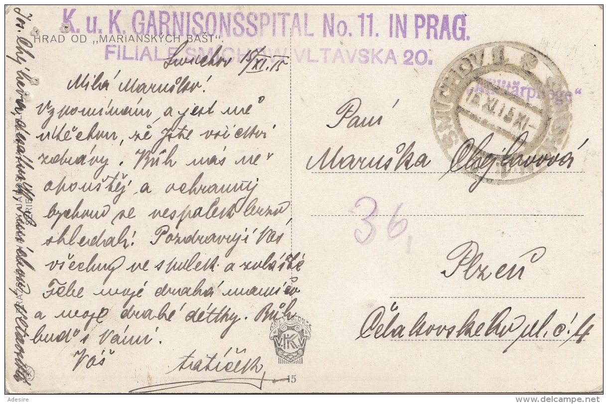 BÖHMEN 1915 - Stempel K.u.K.GARNISONSSPITAL Nr.11 In PRAG Auf Ak Künstlerkarte "MARIANSKYCH BAST" Gel.v.PRAG N. PLZEN - Briefe U. Dokumente