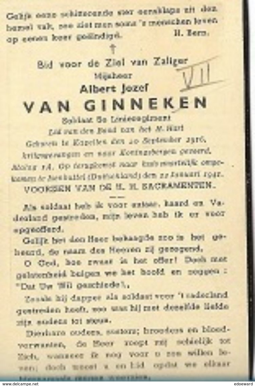 WO2/ KAMP A5 / DOODSPRENTJE ° KAPELLEN 1916 KRIJGSGEVANGEN + OMGEKOMEN ISENBUTTEL 1941 ALBERT VAN GINNEKEN - Imágenes Religiosas