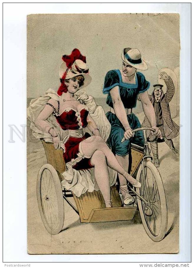 235180 MOTORCYCLE Belle BEACH Gentleman RICKSHAW Vintage PC - Other & Unclassified