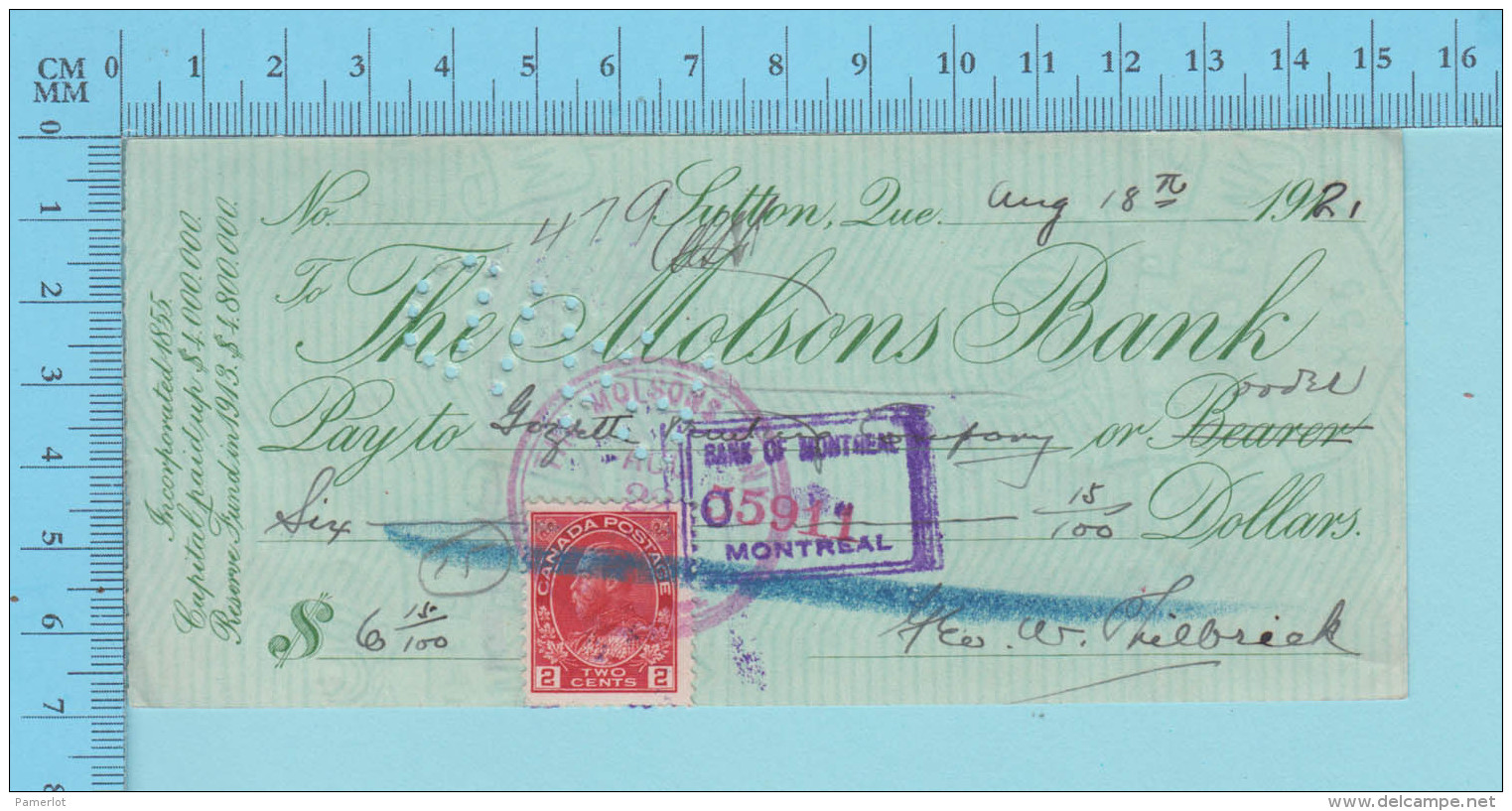 Sutton Quebec  -  Molson Bank  1921Avec Timbre, With Stamp - $ 6.15 , Gazette Printing Co. - 2 Scans - Cheques & Traveler's Cheques