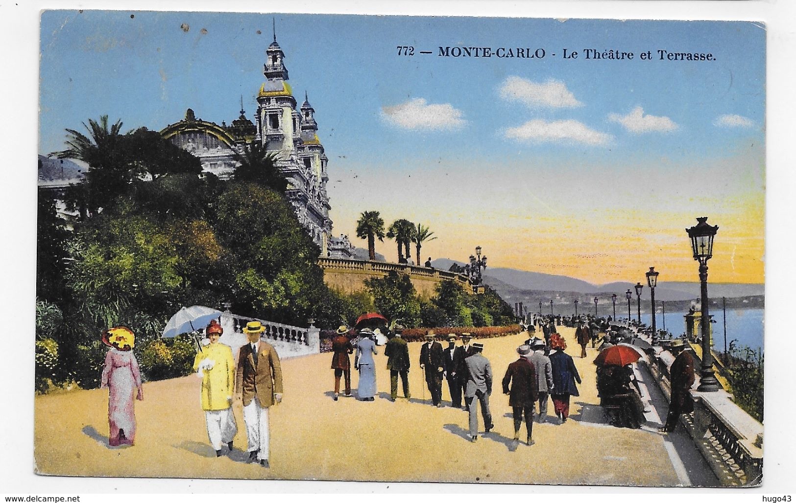 (RECTO / VERSO) MONTE CARLO EN 1916 - N° 772 - LE THEATRE ET TERRASSE AVEC PERSONNAGES - CPA VOYAGEE - Teatro De ópera