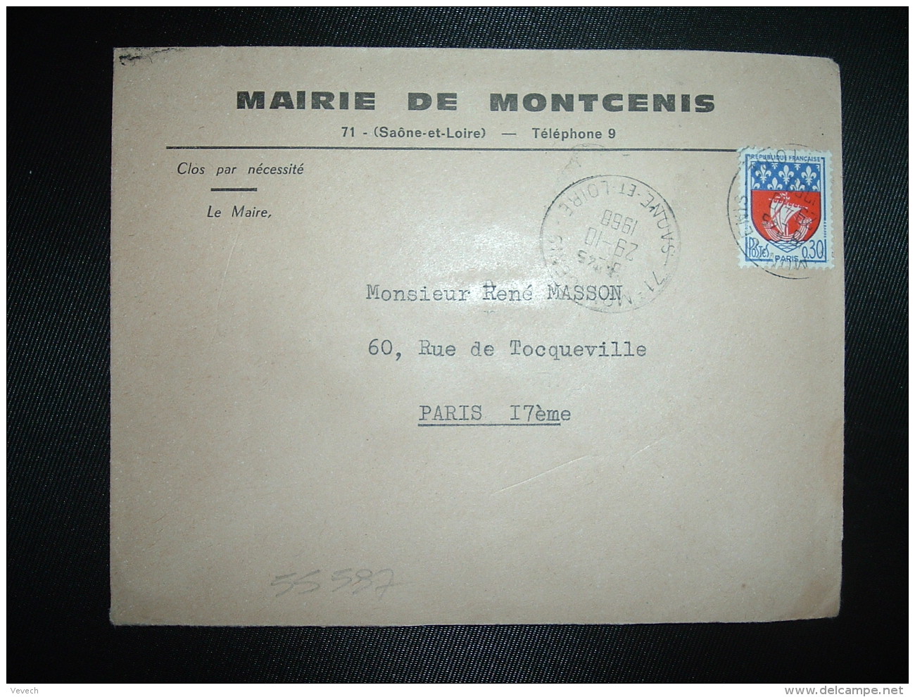 LETTRE TP BLASON DE PARIS 0,30 OBL.29-10-1968 MONTCENIS (71 SAONE ET LOIRE) MAIRIE - Autres & Non Classés