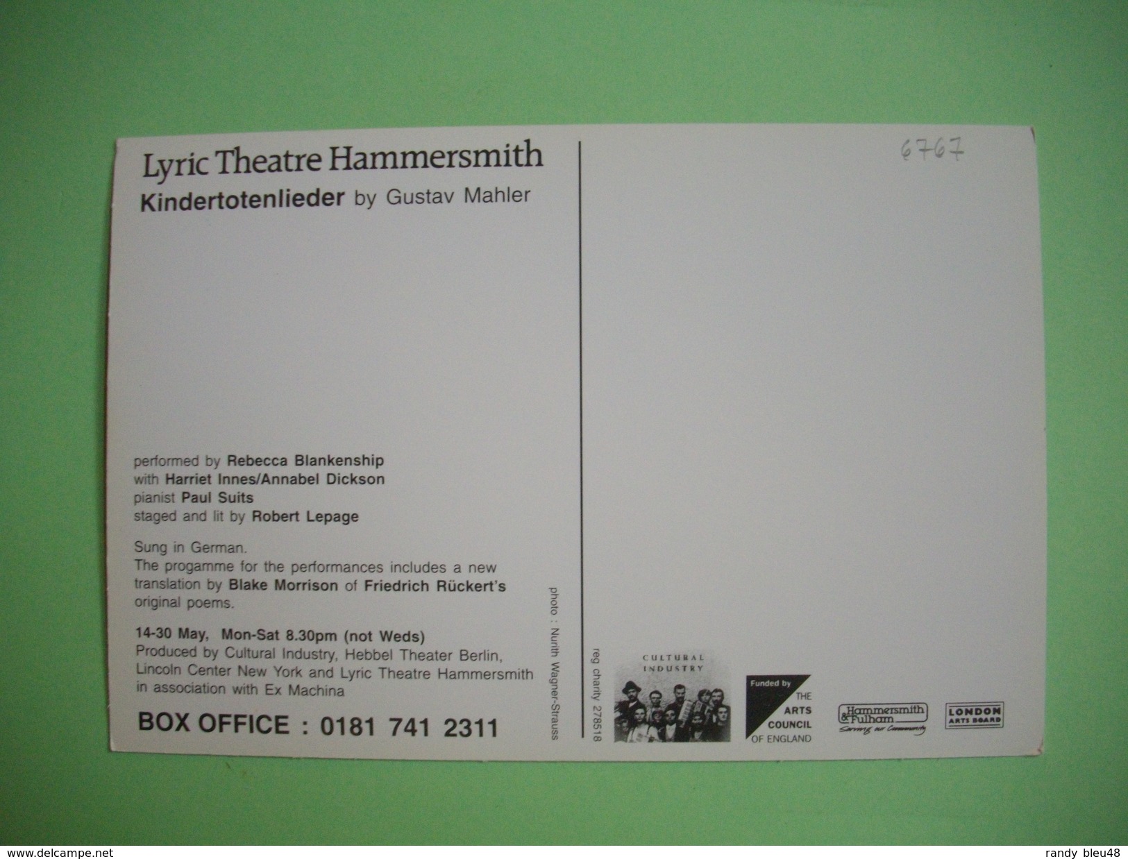 CARTE - POSTCARD  -  LYRIC THEATRE HAMMERSMITH  -  Kindertotenlieder By Gustav MAHLER - Theater