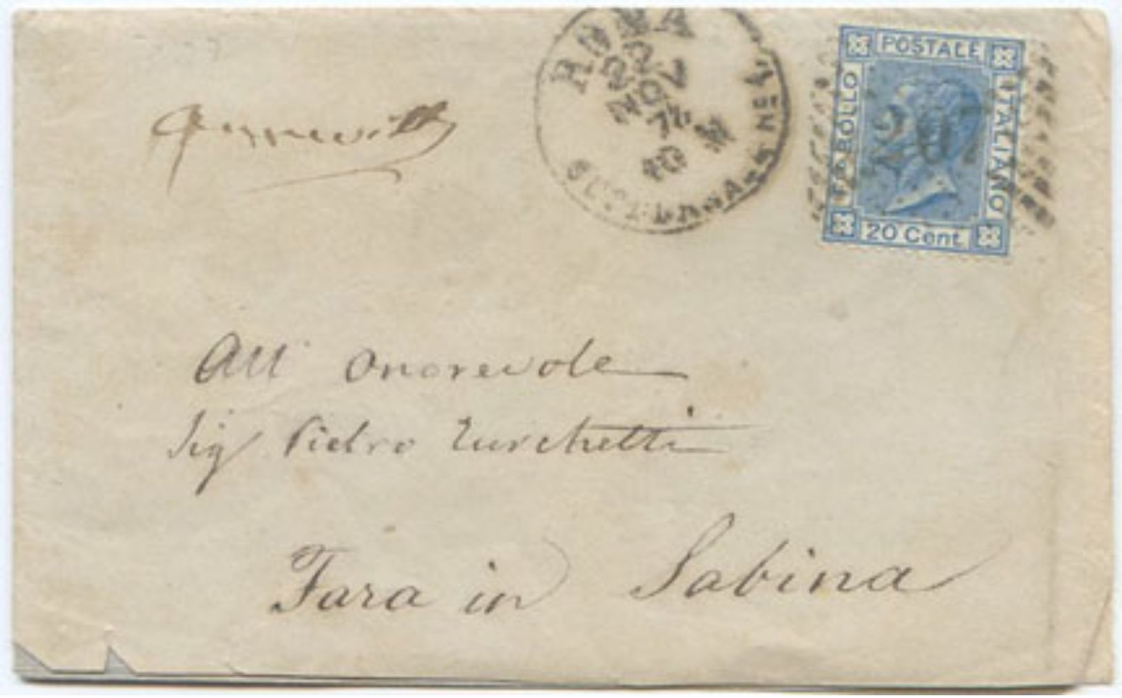 1874 EFFIGIE  C. 20 BUSTINA CON LETTERA  22.11.74 DA ROMA SUCC. 1  NUMERALE  207 (Z10) - Storia Postale