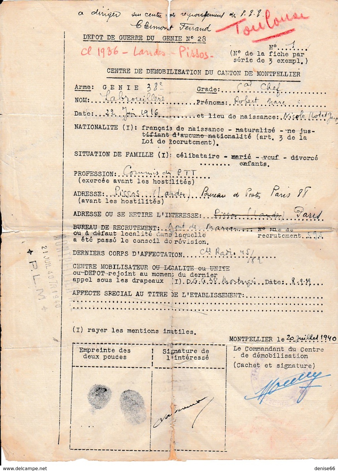 WW2 - Juillet 1940 - DÉPÔT De Guerre Du GÉNIE - Montpellier (34) - DÉMOBILISATION - - Historische Dokumente