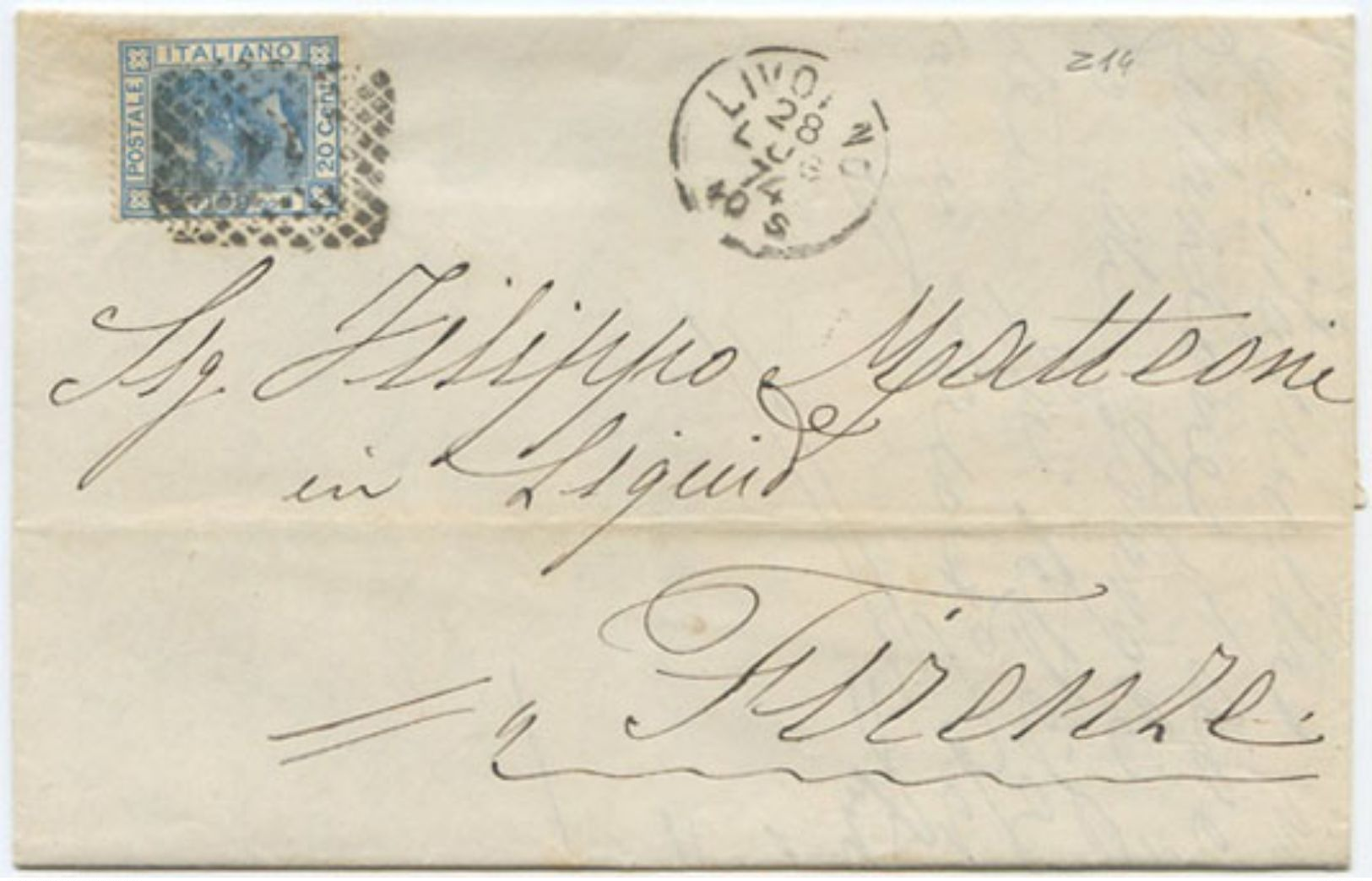 1874 EFFIGIE  C. 20  LETTERA LIVORNO PORTO 28.7.74 NUMERALE 14 A FIRENZE 29.7.74 OTTIMA QUALITÀ (Z14) - Storia Postale