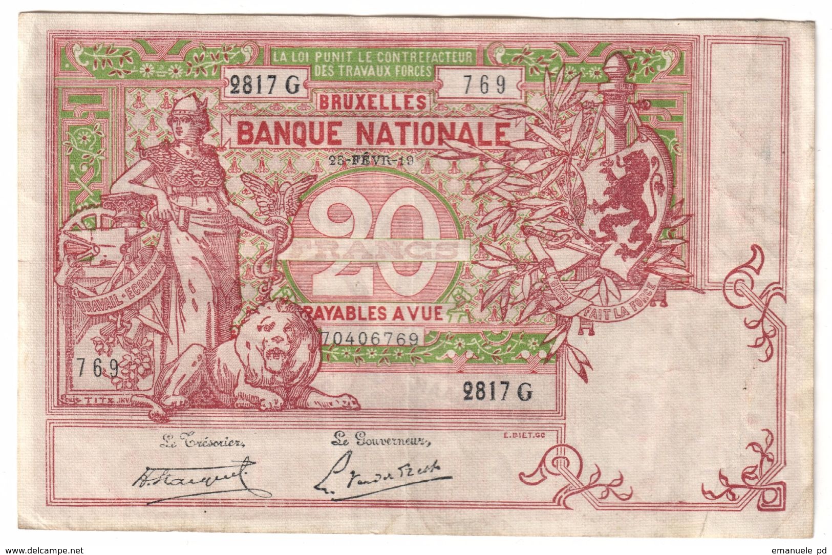 Belgium 20 Francs 25/02/1919  .J. - 5-10-20-25 Franchi
