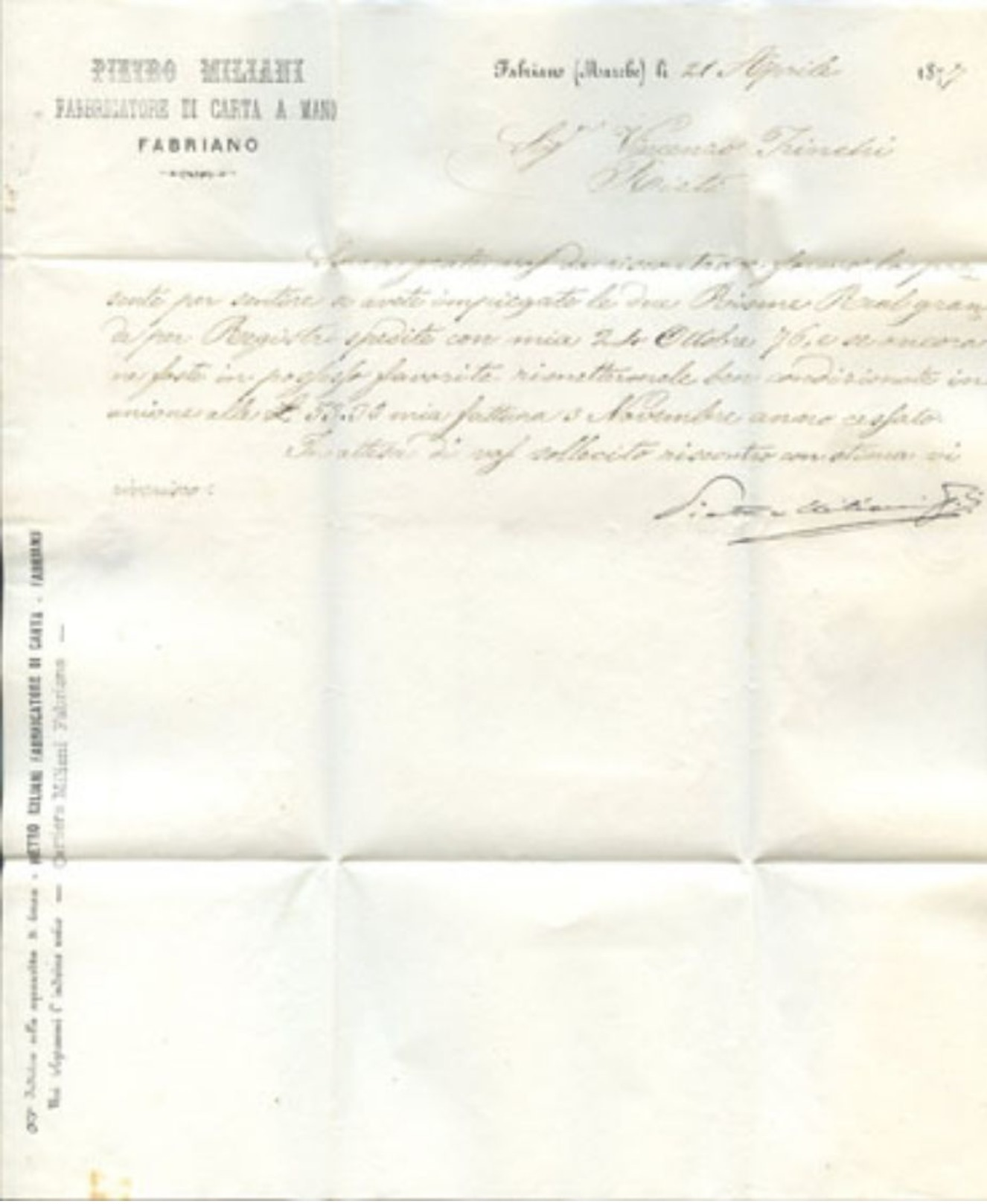 1877 EFFIGIE C. 20 LETTERA INTESTATA CARTIERA  P. MILIANI  FABRIANO 21.4.77 NUMERALE  75 A RIETI 22 .4.77 OTTIMA QUALITA - Storia Postale