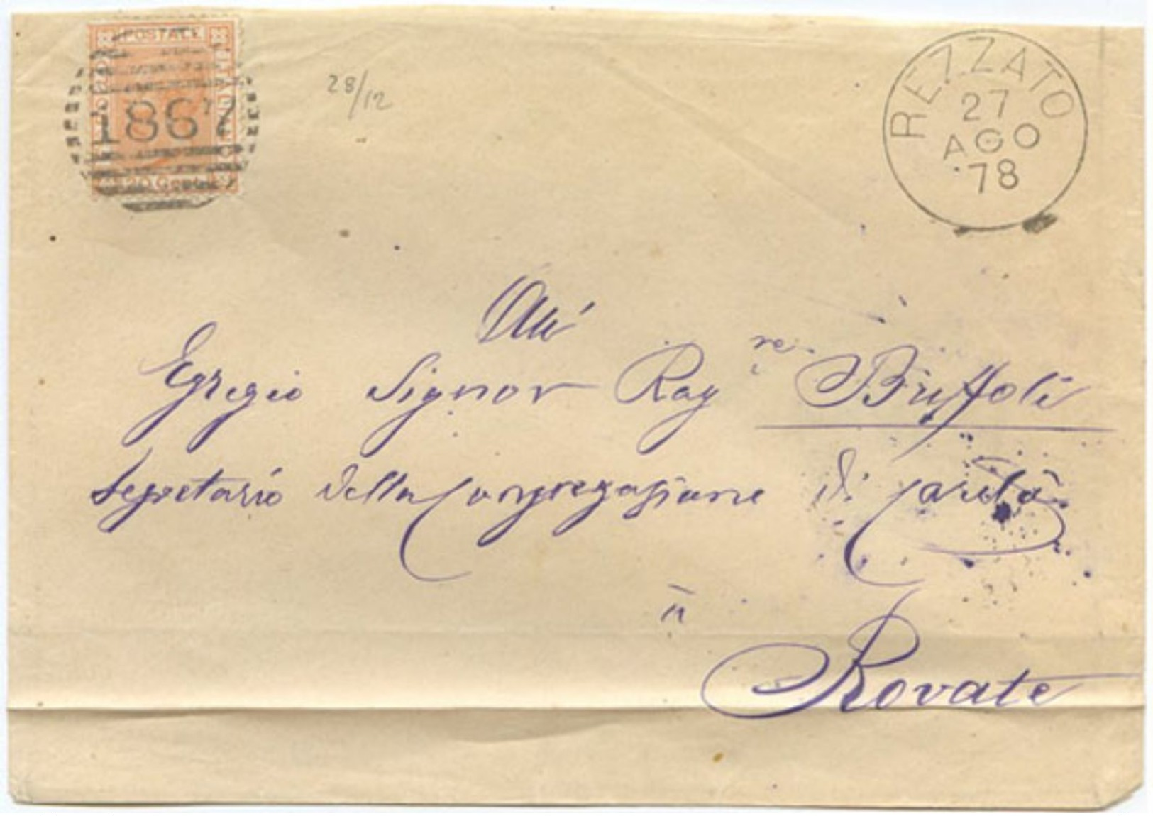 1878 EFFIGIE C. 20 BUSTA 7.4.79 REZZATO (BRESCIA) NUMERALE SBARRE A ROVATE  TRANSITO BRESCIA (Z29) - Storia Postale