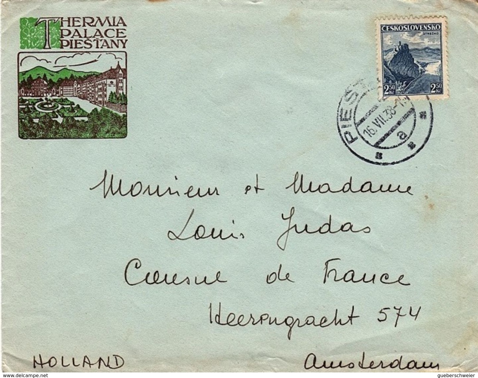 TCH-L10 - TCHECOSLOVAQUIE Lettre Des Thermes De Piestany Pour Amsterdam  1938 - Storia Postale