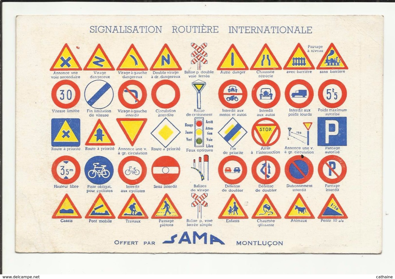 03 .MONTLUCON .CARTON PUBLICITAIRE DES MACHINES MENAGERES  " SAMA ".  ANNEE 50 .DOS SIGNALISATION ROUTIERE INTERNATIONAL - Matériel Et Accessoires