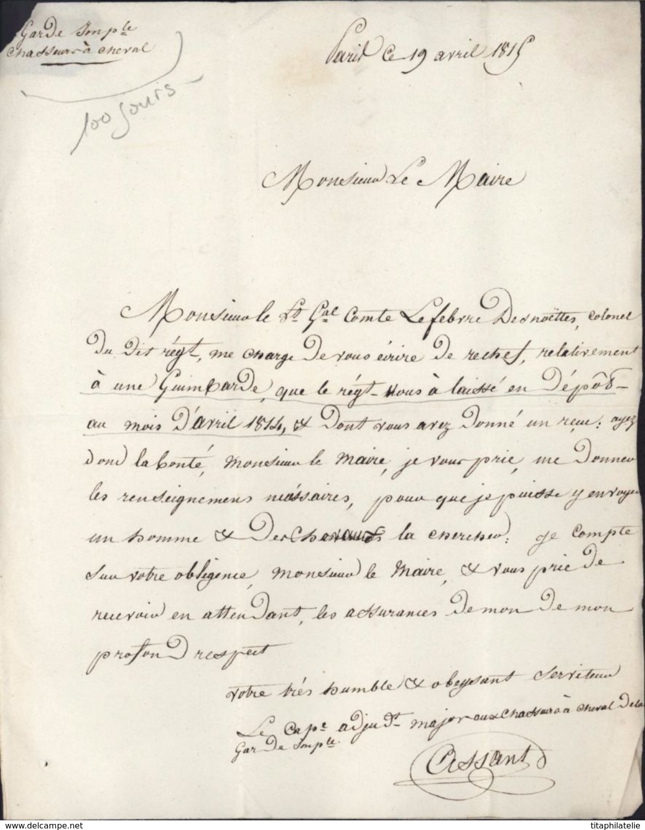 Garde Impériale 100 Jours Récupération Guimbarde Diligence Mise Dépôt Nemour Chasseur à Cheval Marque Postale P Paris - 1801-1848: Précurseurs XIX