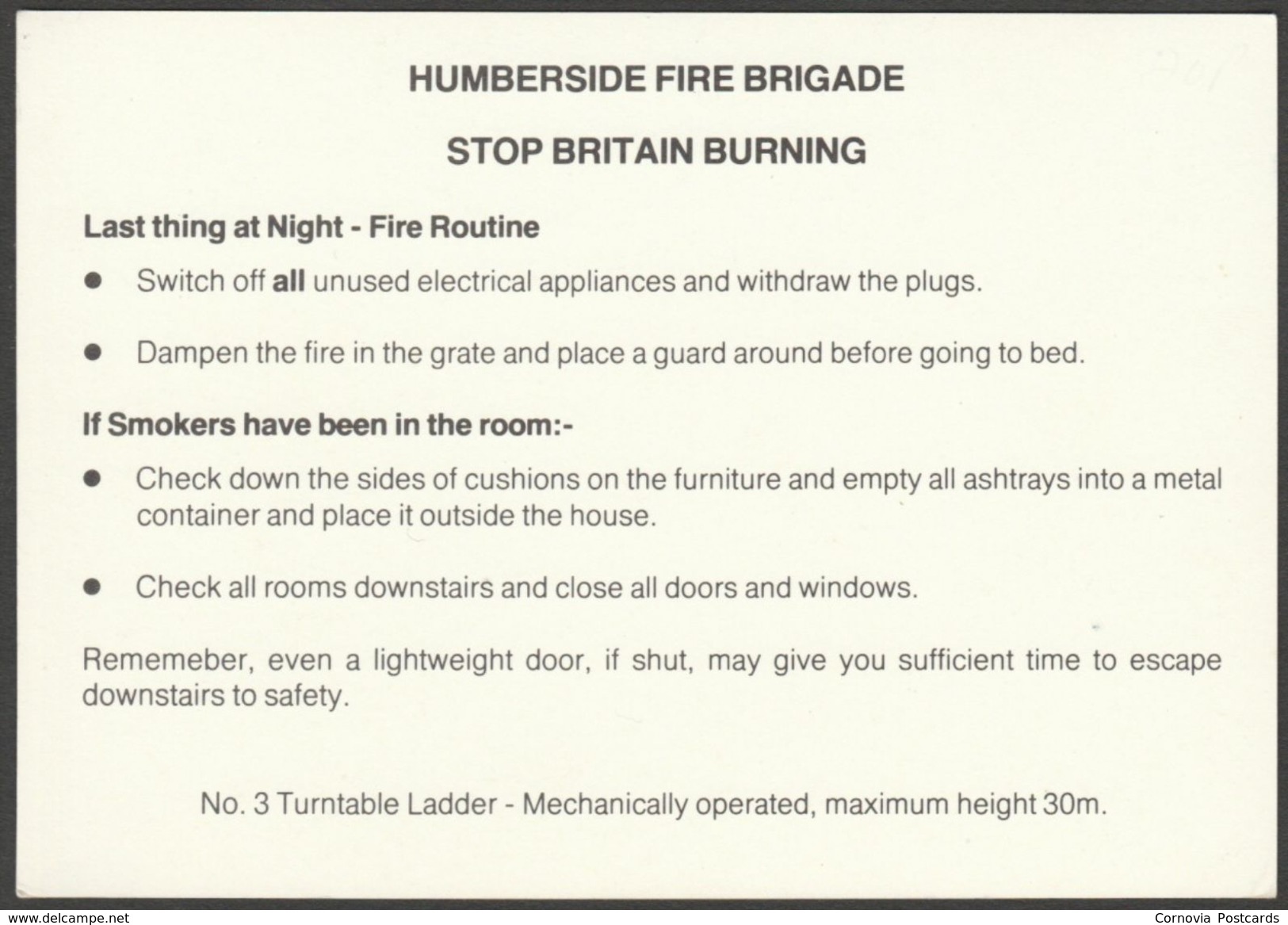 Humberside Fire Brigade, Fire Engine, Turntable Ladder - Advice Postcard - Camions & Poids Lourds