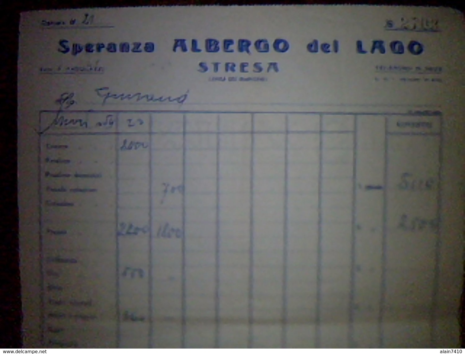 Facture A Entete Italie Hotel   Speranza Albergo Del Lago A Stresa Avec Fiscal Annee 1954 - Italie