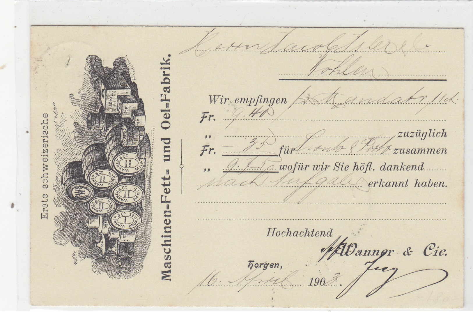 Horgen - Wanner & Cie - Fett-& Oel-Fabrik - 1903 - Top     (P-57-10828) - Horgen