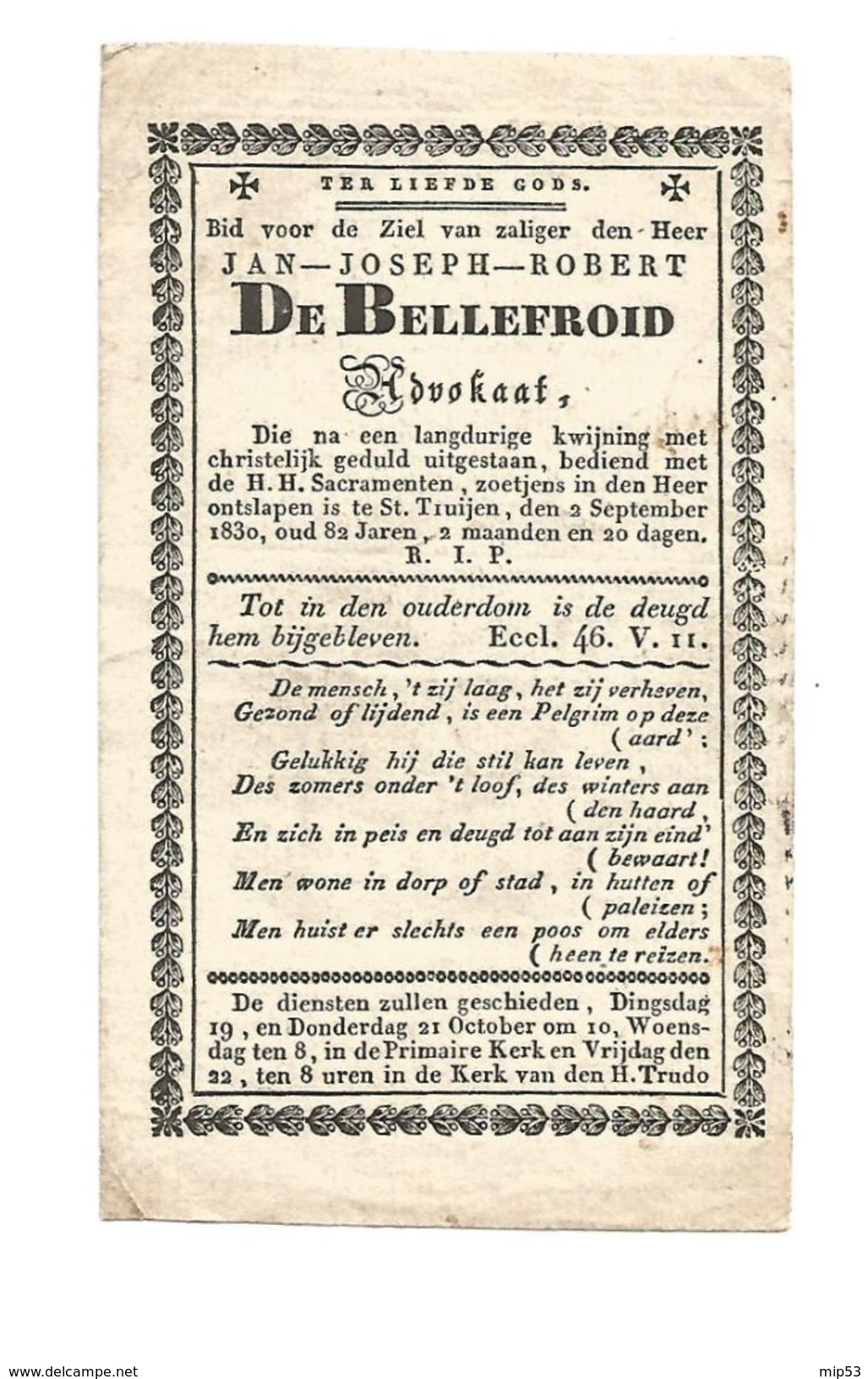 455. JAN-JOSEPH-ROBERT DE BELLEFROID  - Advokaat - + ST. TRUIJEN (ST.TRUIDEN) 1830  (82j) - Images Religieuses