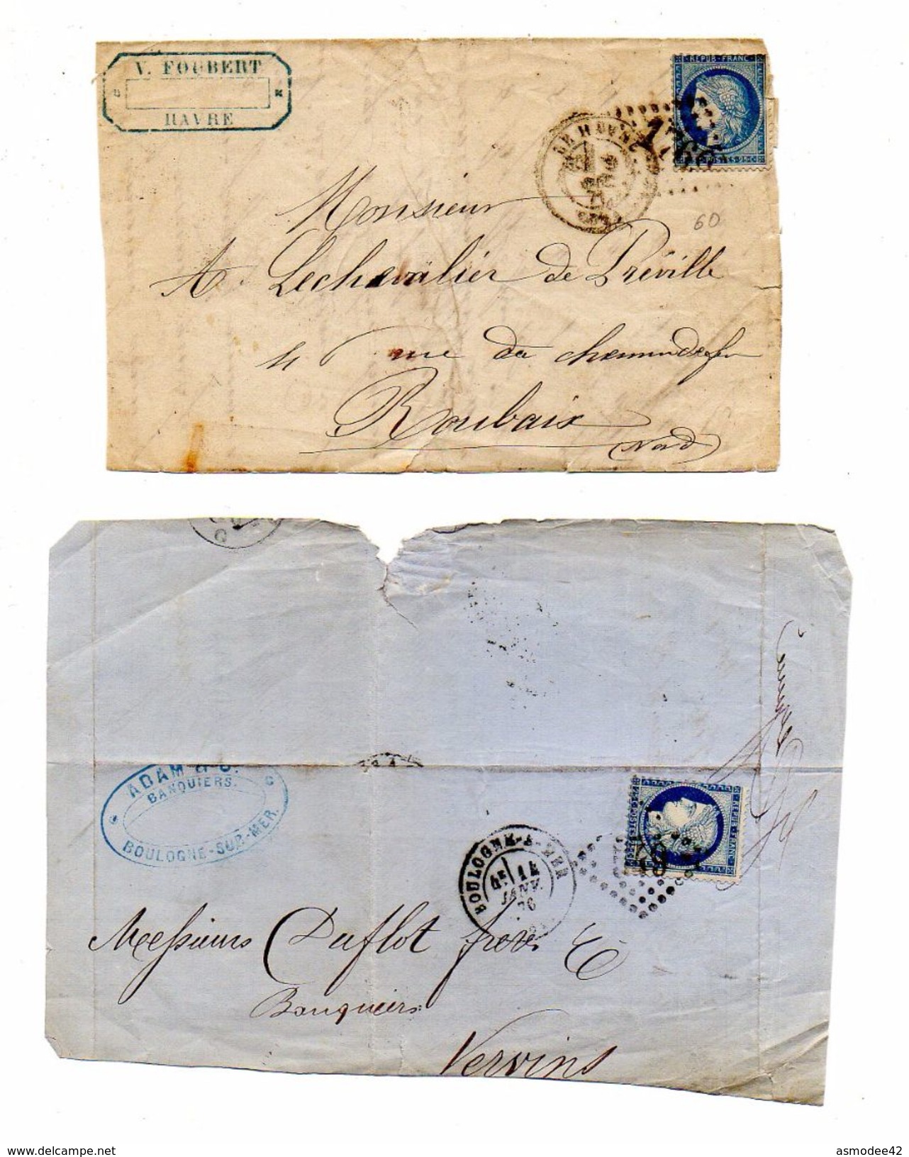 FRANCE LOT DE 2 DEVANTS  DE LETTRE 1876  CACHETS LE HAVRE ET BOULOGNE SUR MER - 1871-1875 Ceres