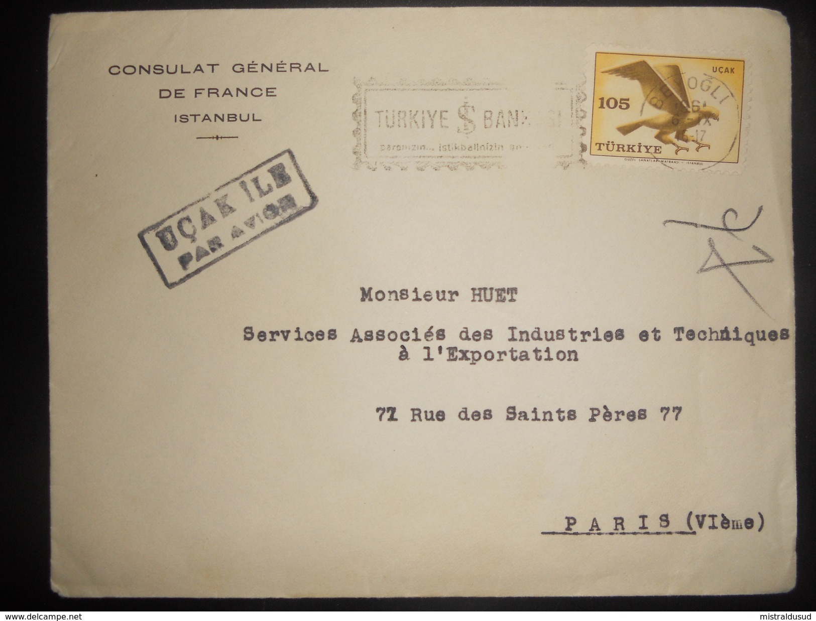 Turquie , Poste Aerienne Lettre De Beyogli 1961 Pour Paris - Luftpost