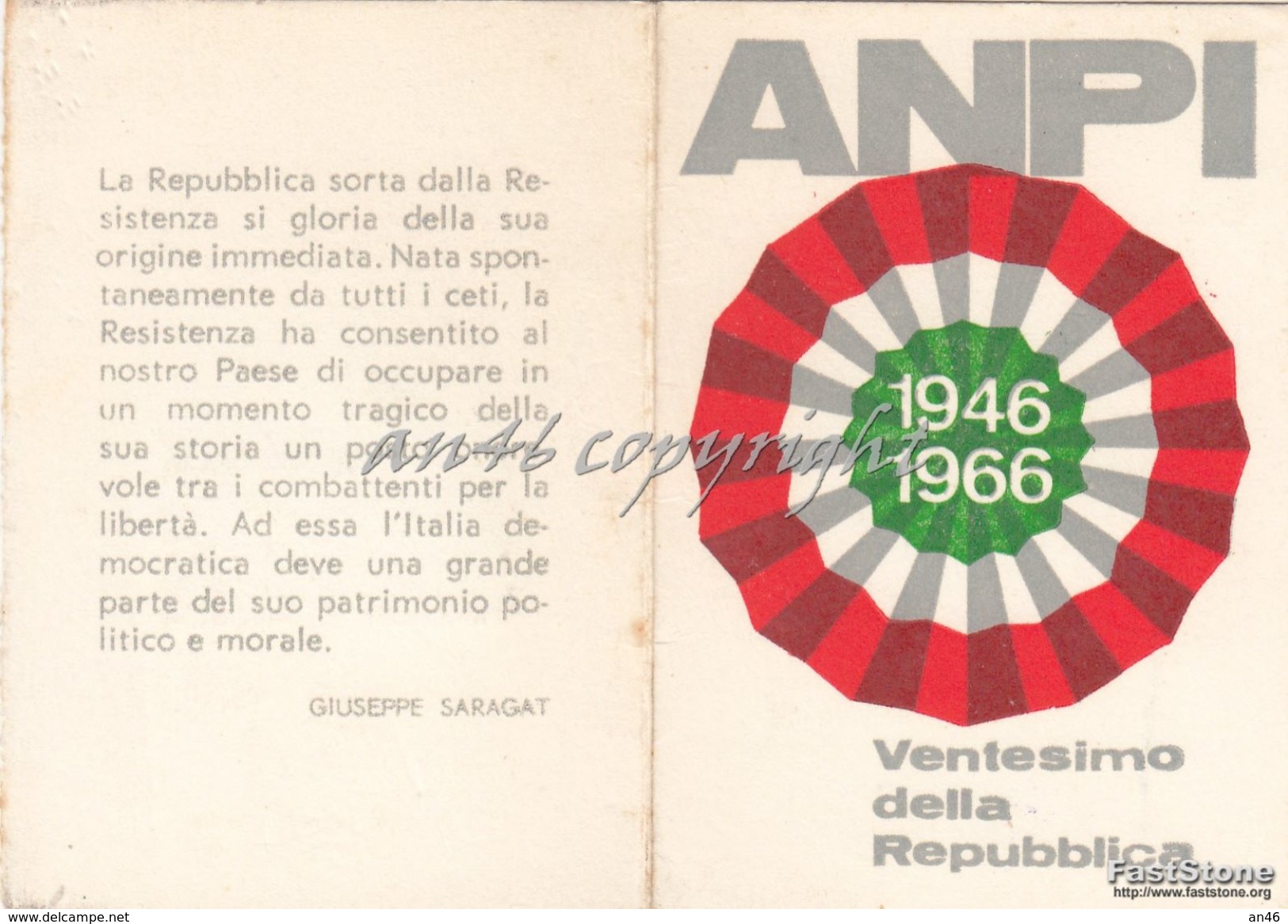 TESSERA_ANPI 1946/1966_Ventesimo Della REPUBBLICA_BUONO STATO DI CONSERVAZIONE_ORIGINALE 100%- - Pubblicitari